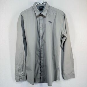 Tesla Shirt Mens XLarge Gray Button Up Long Sleeve Casual Logo